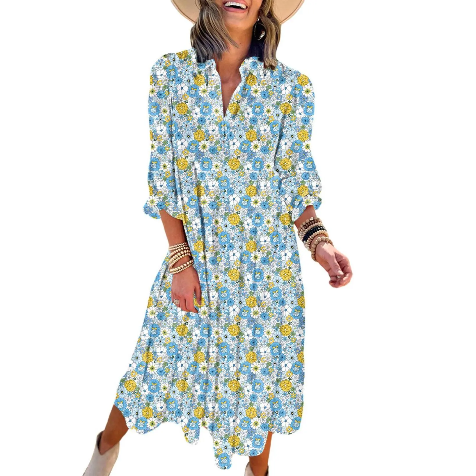 Women's Casual Bohemian Floral Dress 2026 V-Neck Long Puff Sleeve Midi Dress Soft Fabric Comfortable Summer Dress - Womenswear