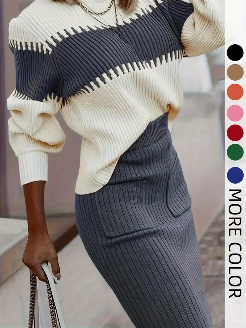 Women's Colorblock Bishop Sleeve Mock Neck Sweater & High Waist Skirt Set