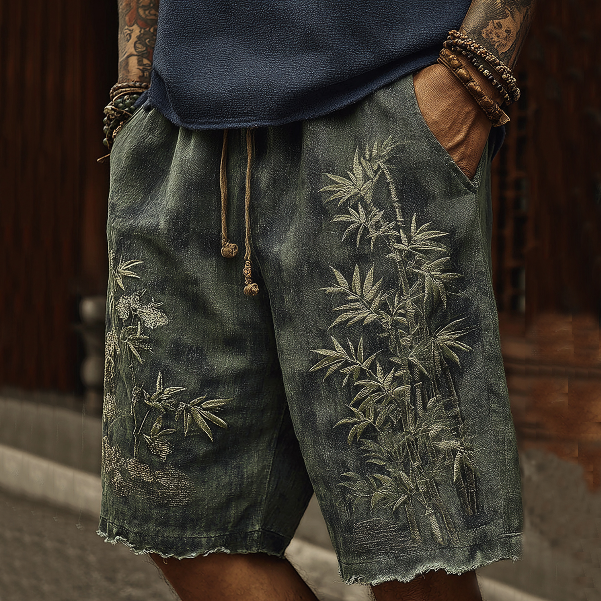 Vintage Japanese Bamboo Embroidery Art Linen Blend Casual Shorts