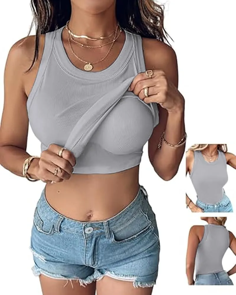 Women Everyday Basic Ribbed Built-in Bra Tank