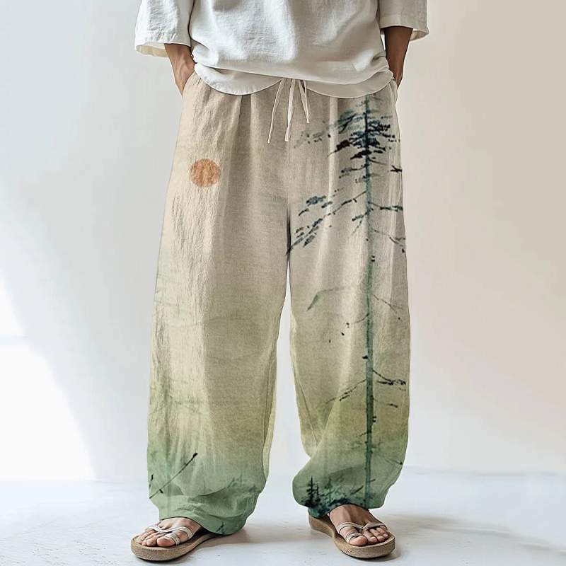 Men's Japanese Mountain Sunrise Painting Print Casual Pants