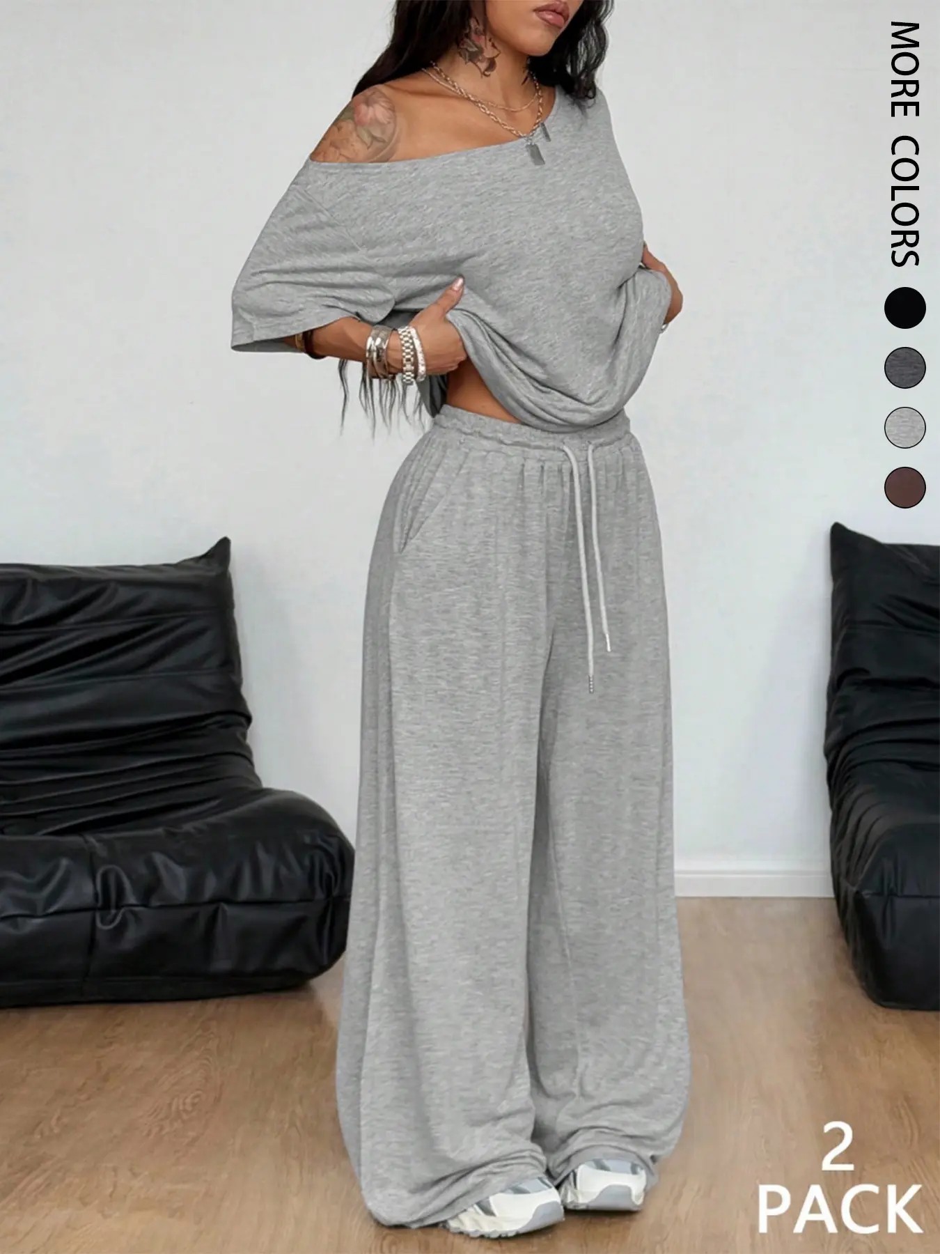 Women's Minimalist Basic Daily Wear Going Out Sport Comfortable Off Shoulder T-Shirt And Wide Leg Pants Two Pieces Outfits