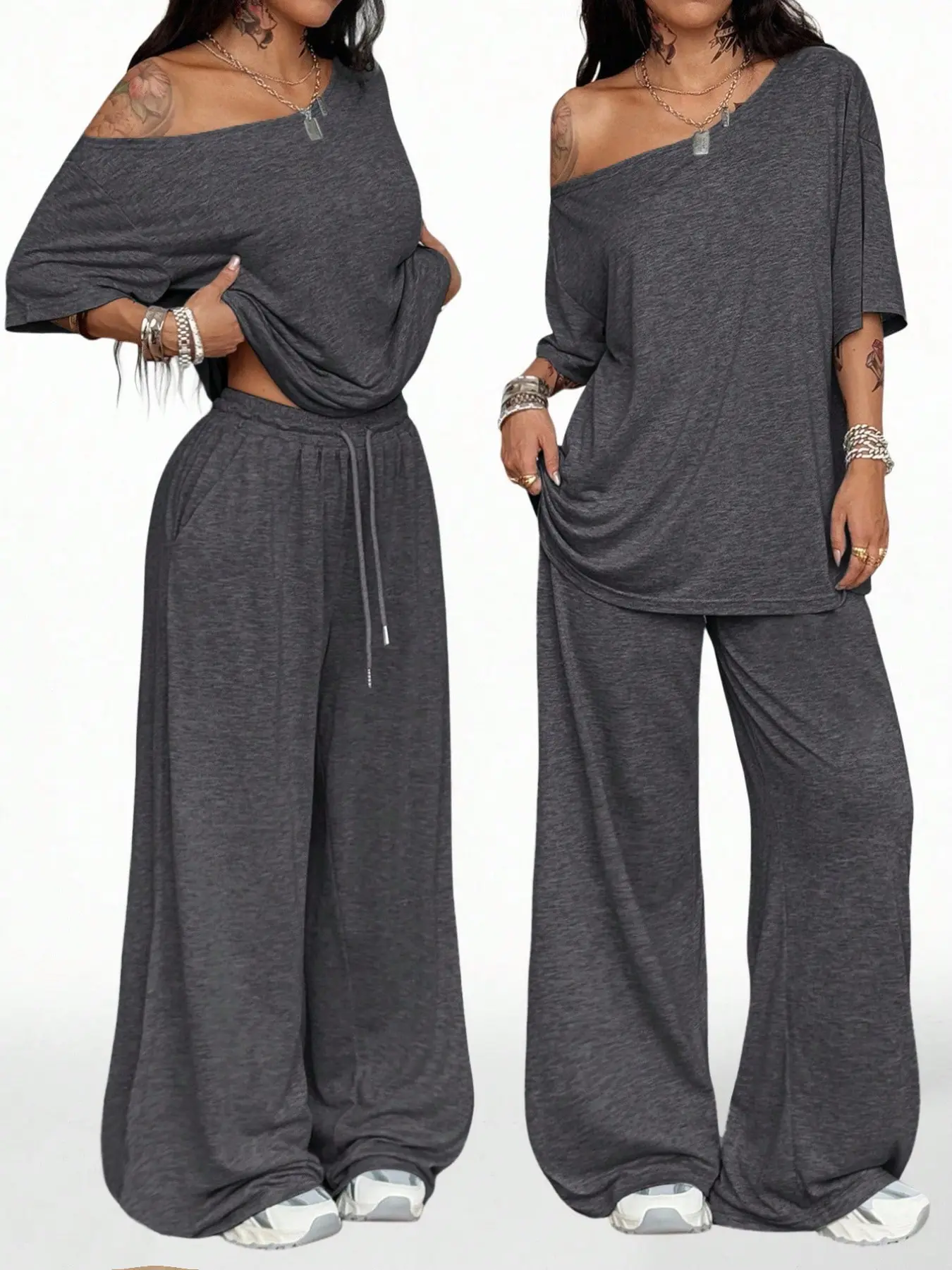 Women's Casual Solid Color Sport Two-Piece Set, Loose Long Pants & Wide Leg Slant Neck Pant Suit, Spring & Fall Fashion