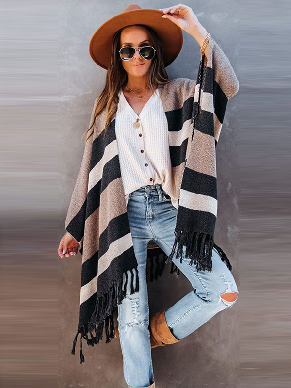 Original Striped Tasseled Shawl&Cloak