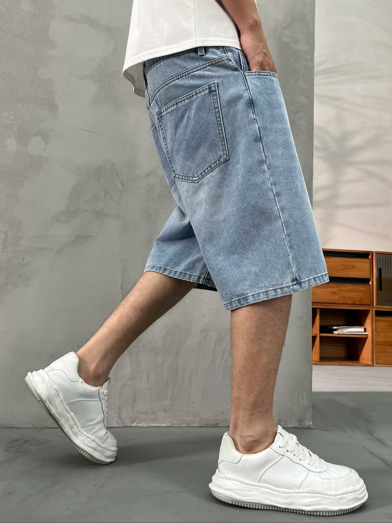 Men's washed retro color denim shorts, trendy, versatile, loose straight-leg casual streetwear denim five-point pants