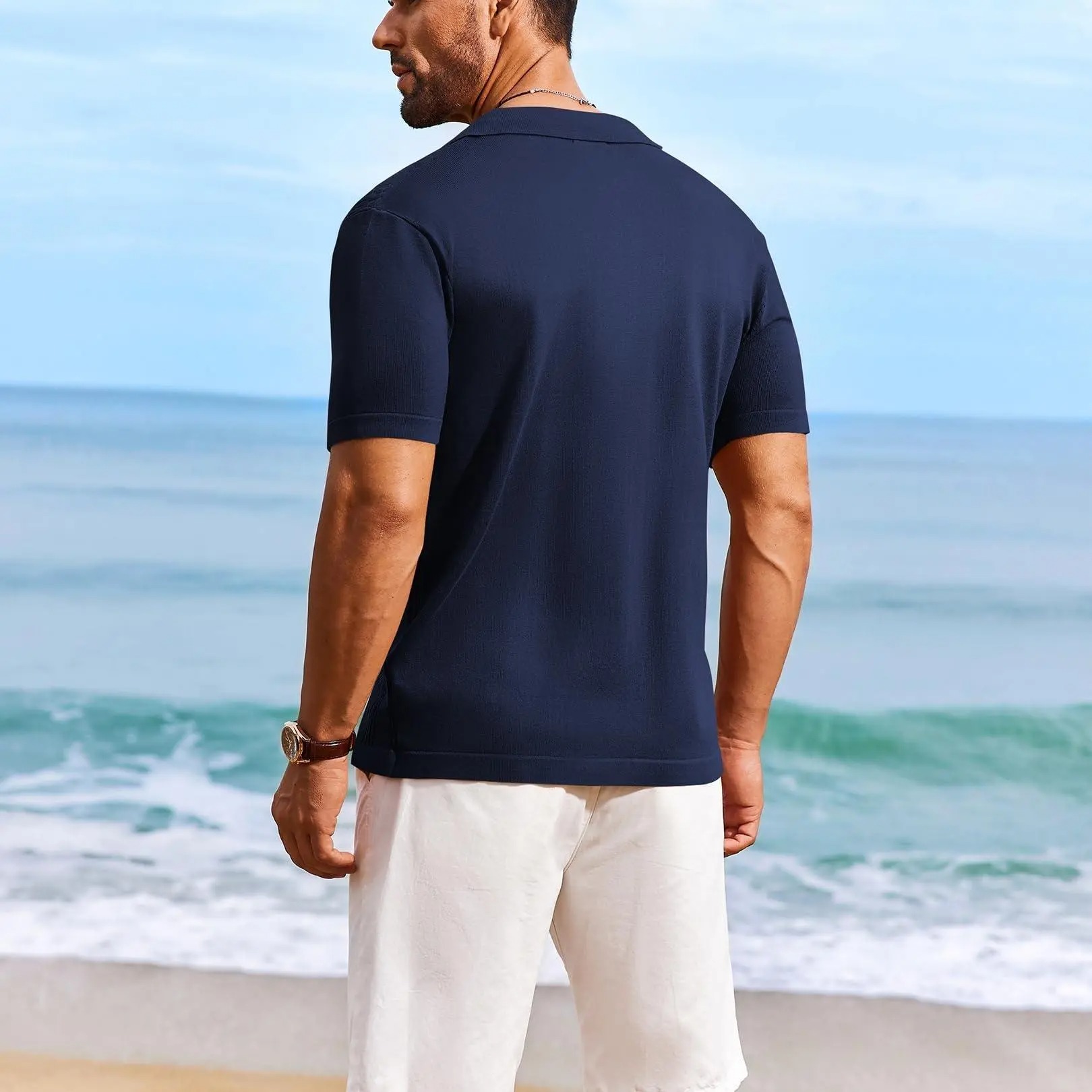 Men's Knit Shirts Short Sleeve Casual Button Down Polo Shirt Summer Beach Vacation Shirts Outfit Top