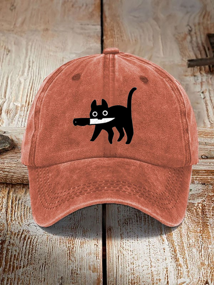 Funny Black Cat Print Washed Hat