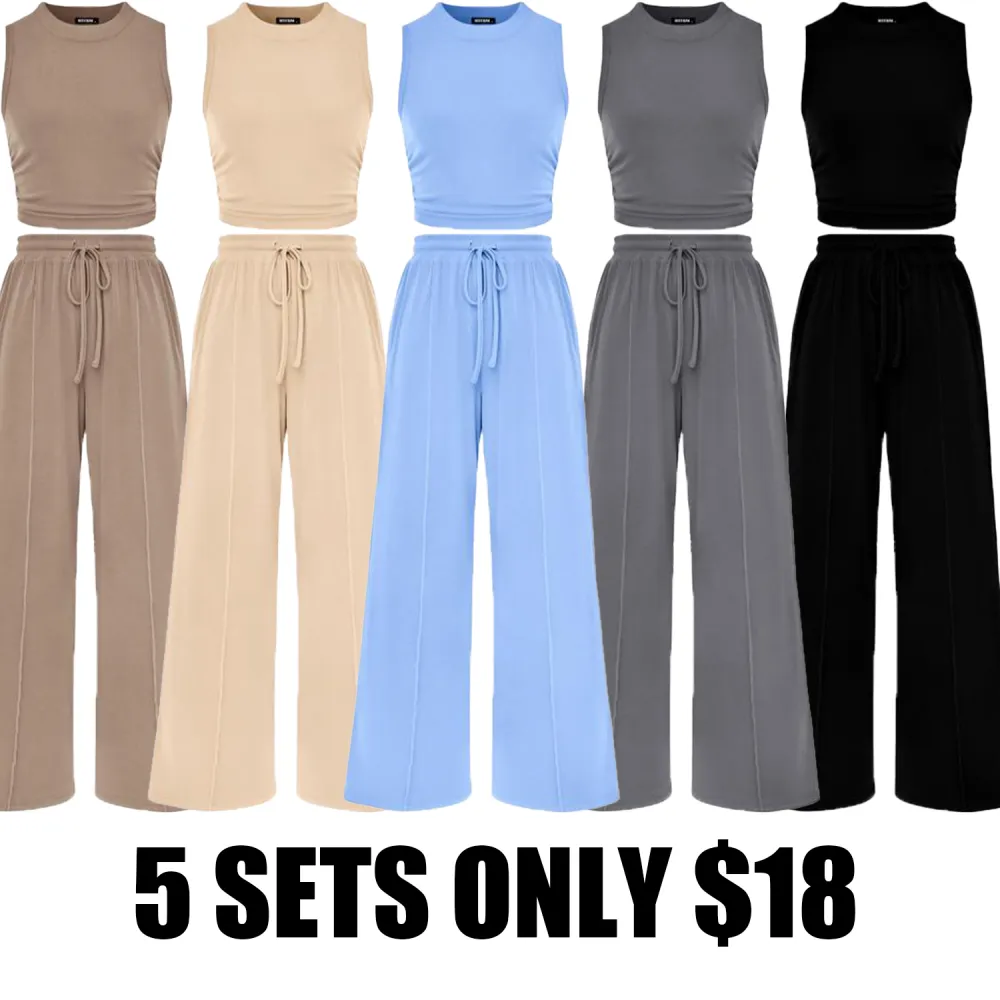 Women's Ribbed 2-Piece Lounge Set – Sleeveless Cropped Top & Wide Leg Pants for Summer Comfort & Style