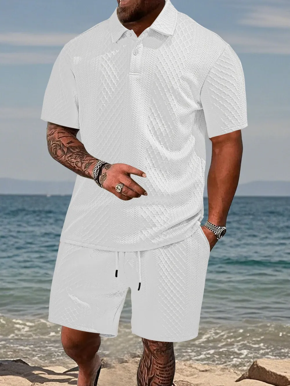 🔥Men's Solid Polo Shirt & Drawstring Waist Shorts Set, Cozy Breathable Two-piece Outfits for Daily Outdoor Wear, Men Clothes for Summer