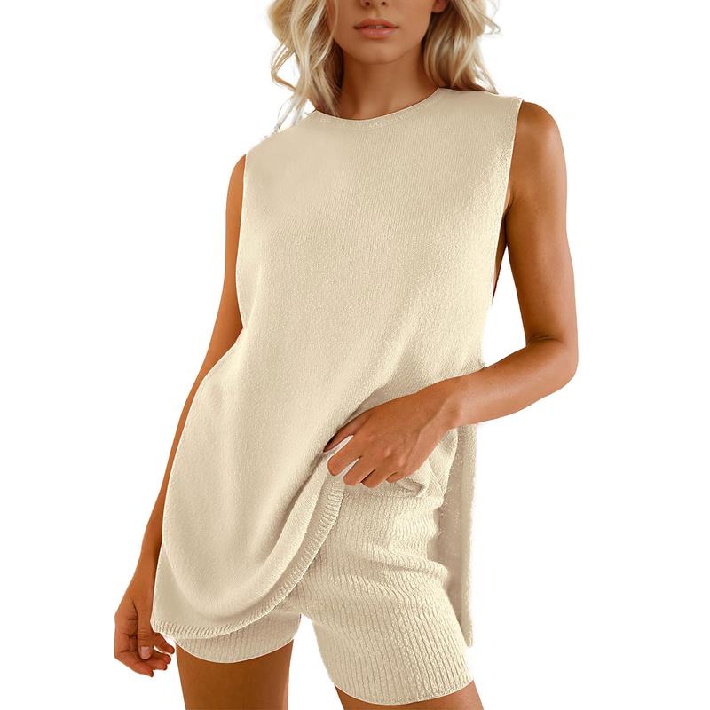 Women’s 2-Piece Summer Knit Sweater Set – Sleeveless Tunic Top & Matching Shorts, Casual Beach Lounge Outfit