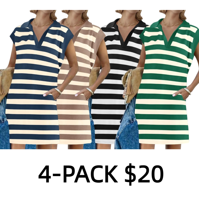 Womens Striped Summer Mini Dress Casual Cap Sleeve Polo V Neck T Shirt Dresses with Pockets