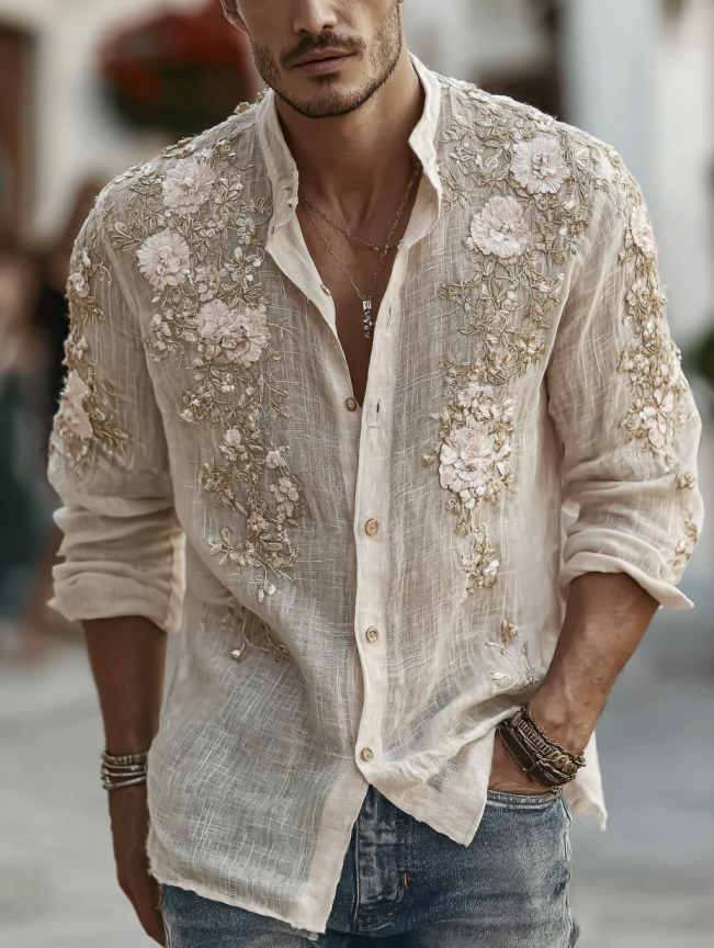 Men's Japanese-style Floral Art Casual Linen Shirt