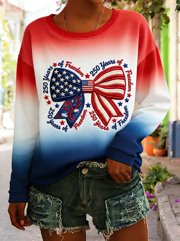 250 Years Of Freedom American Flag Bow Embroidered Gradient Sweatshirt