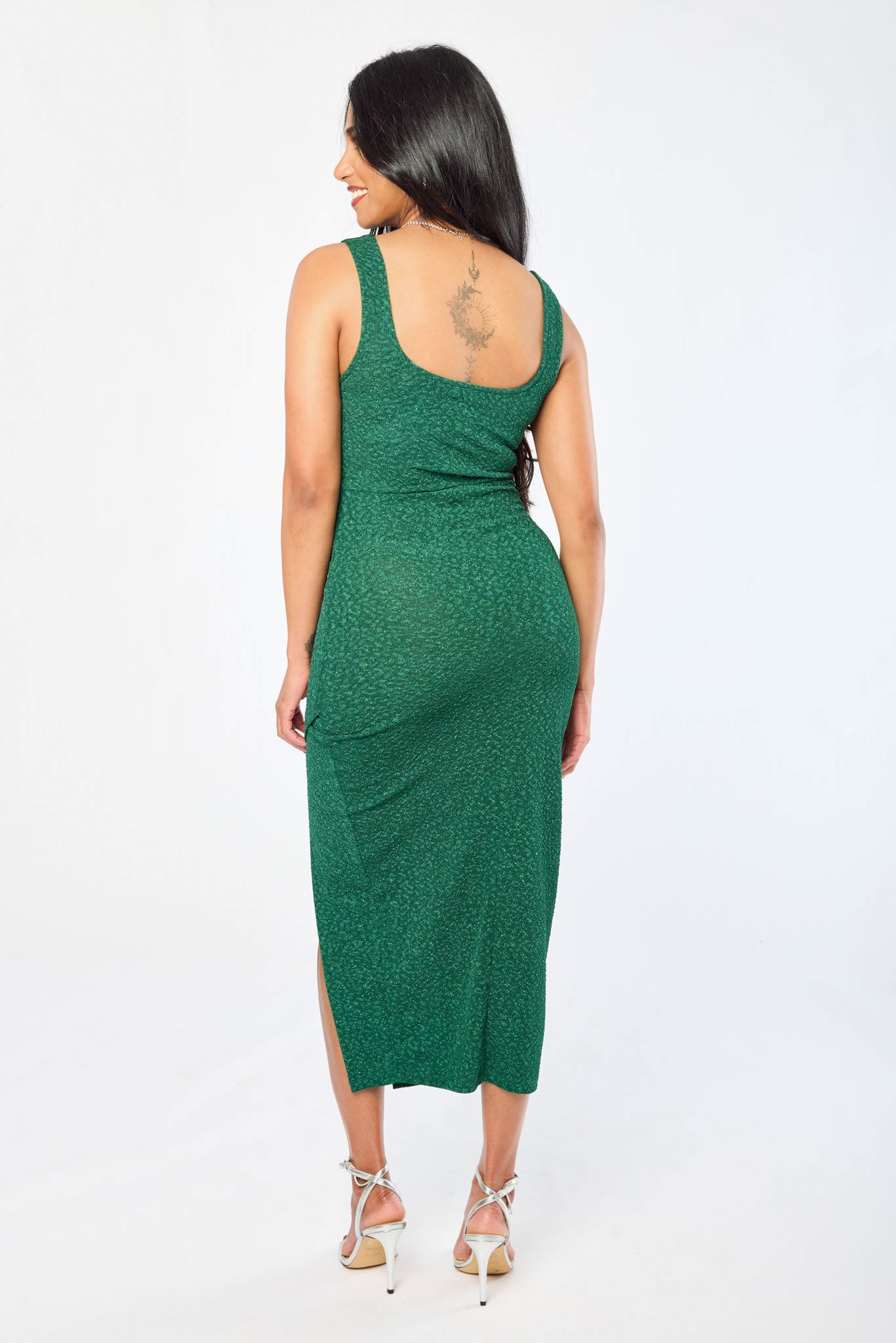 Glitter Fukuro Square-Neck Midi Dress with Side Slit