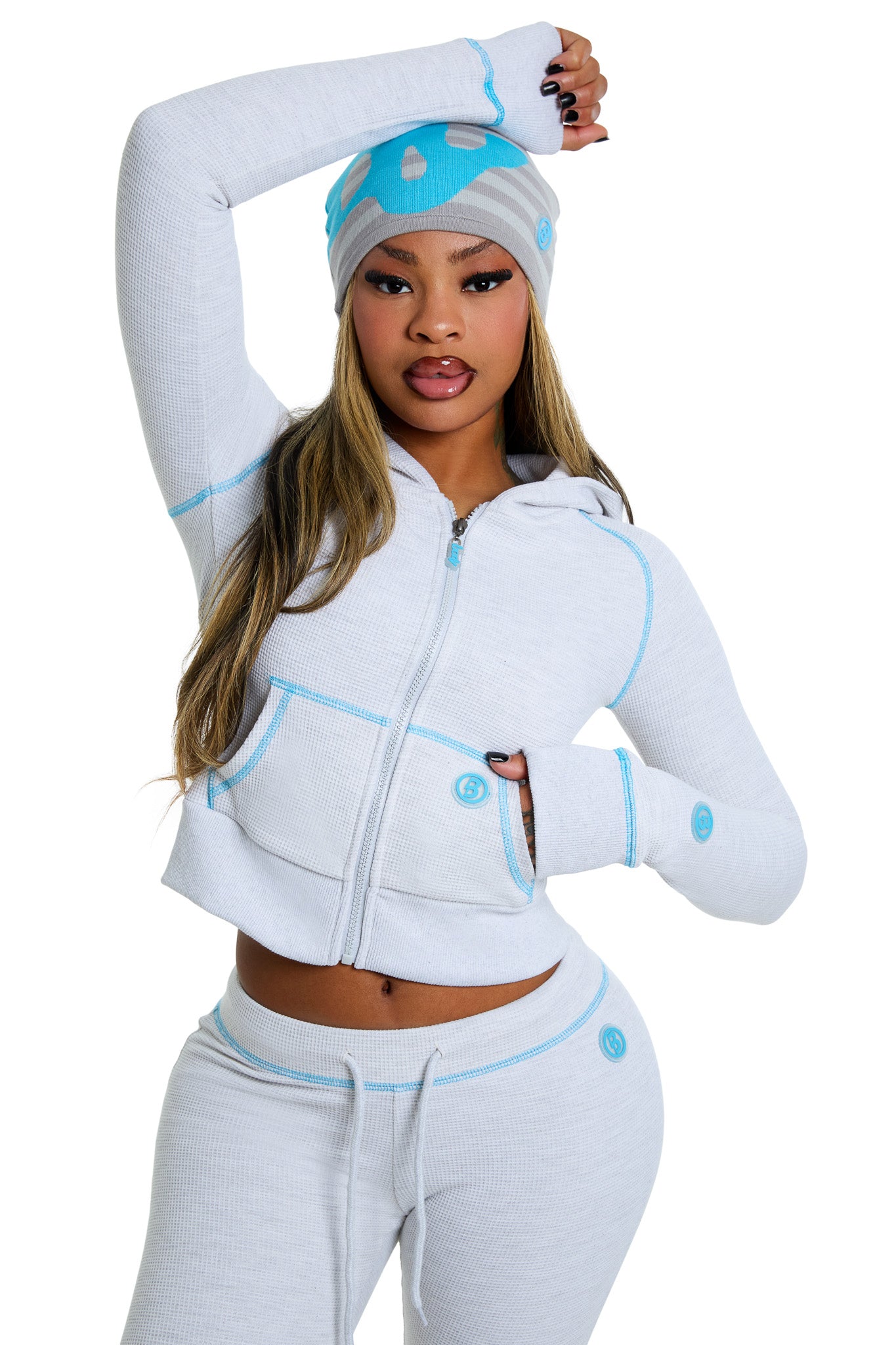 WAFFLE KNIT HOODIE (HEATHER GREY/TURQUOISE)