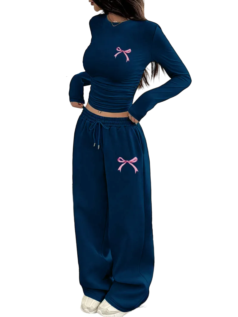 Two-Piece Set Women's Bowknot Print Regular Fit Round Neck T-shirt And Pants