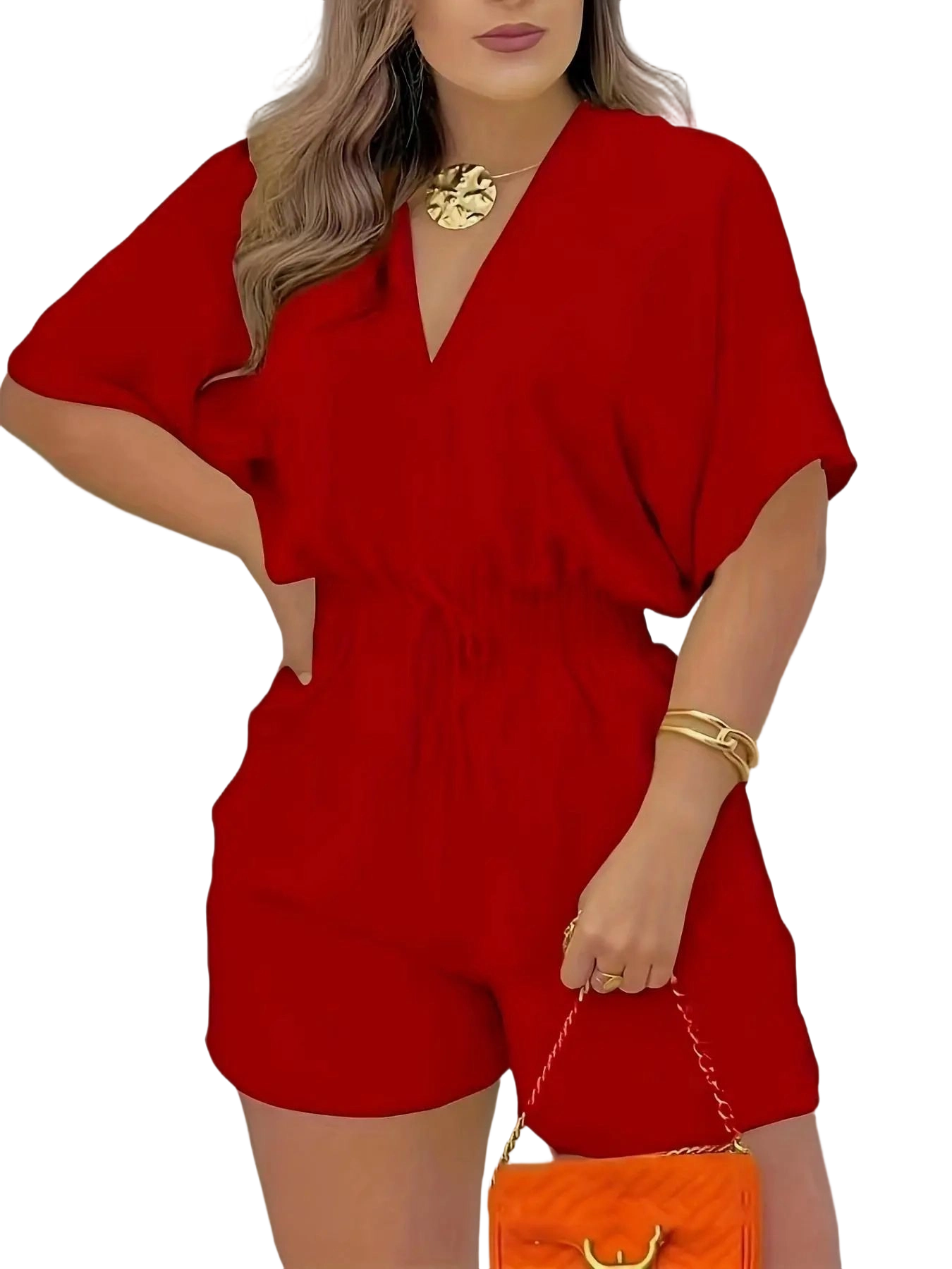 Women's Plain Drawstring Shirred Waist V Neck Romper