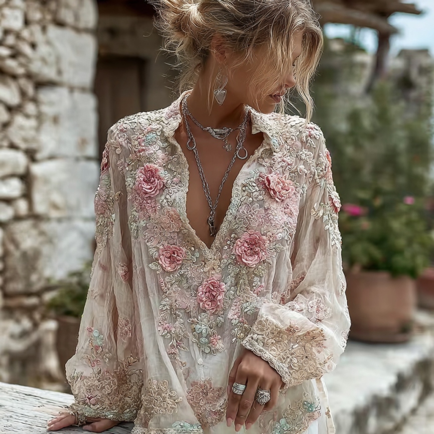 Women's Pink Rose Embroidery Art V Neck Long Sleeve Linen Blend Blouse