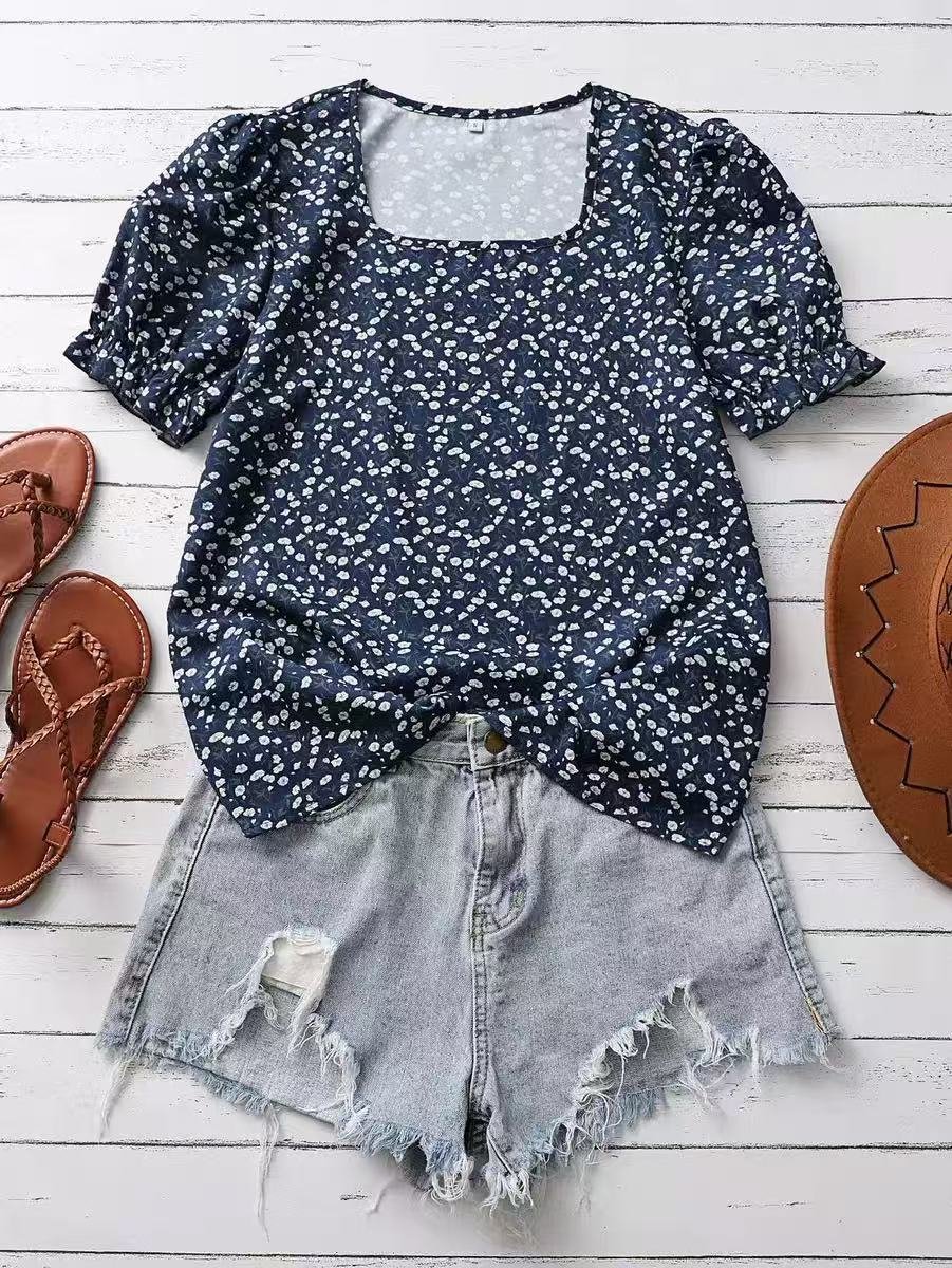 Puff Sleeve Loose Square Neck Floral Elegant T-Shirt