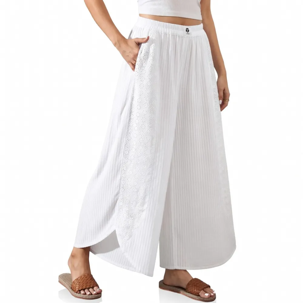 Women’s Boho Striped Wide Leg Palazzo Pants with Lace Panel