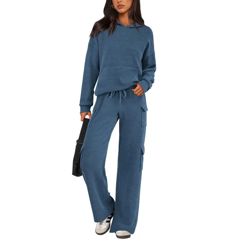 Women's Fall Knitted Hoodie Tracksuits Wide Leg Pants With Pocket Sets