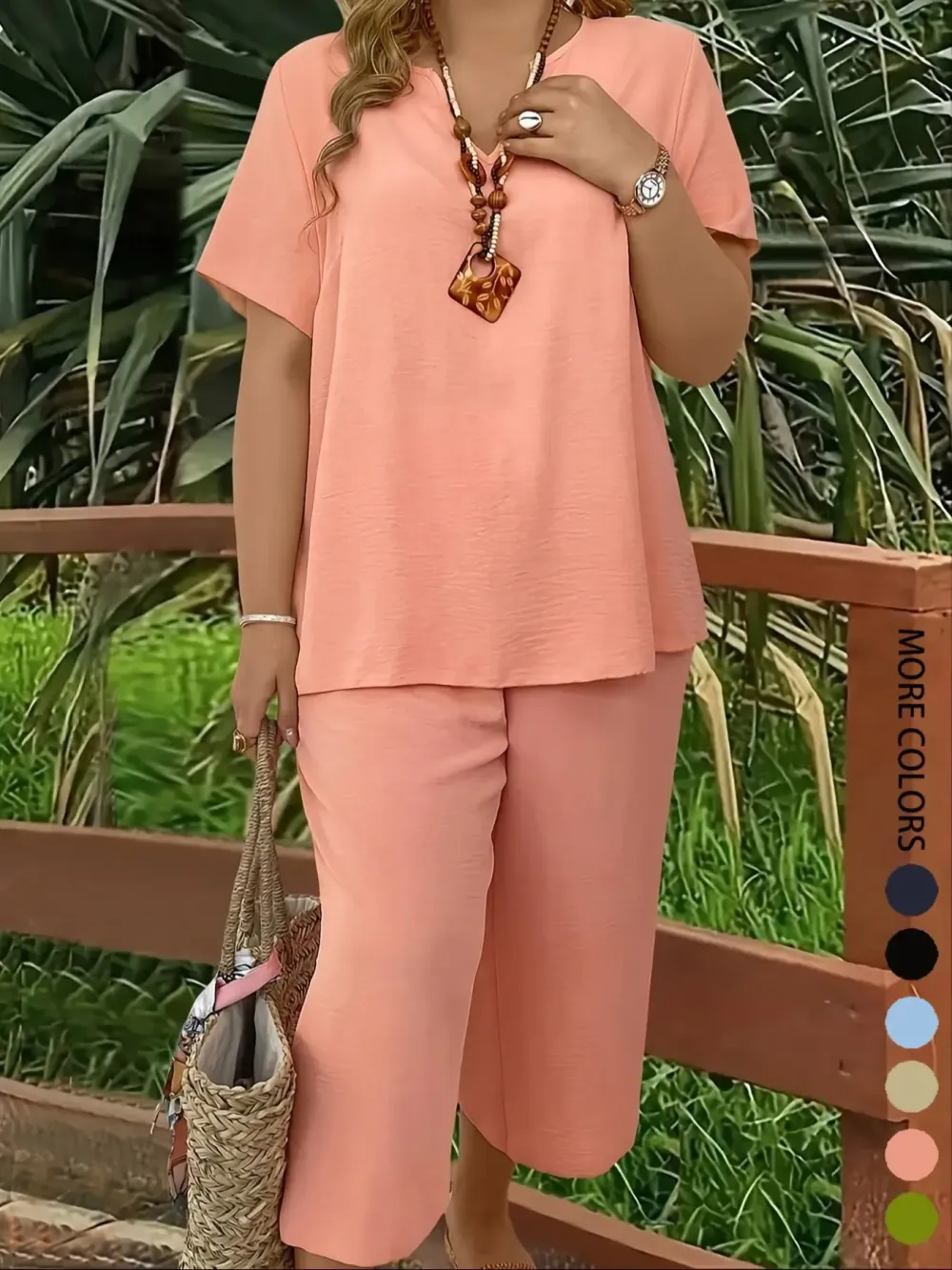 Women's Solid Color Short Sleeve Fashion Top & Casual Wide Leg Pants Set, Summer, Comfortable & Stylish