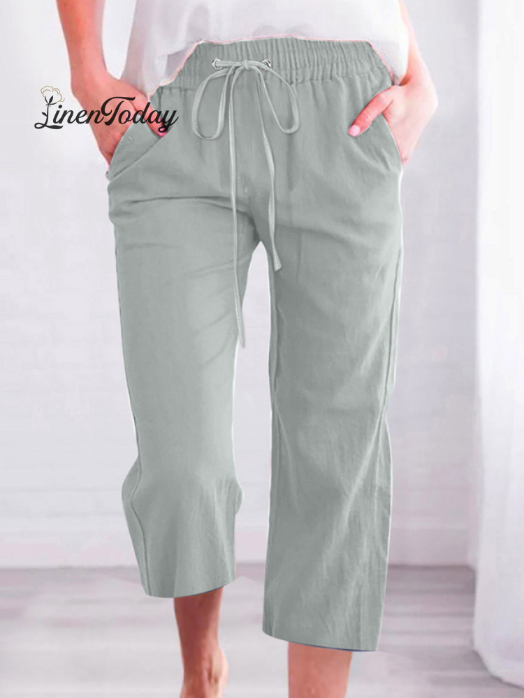 Women's Casual Summer Linen Pants High Waisted Loose Yoga Sweatpants Crop Pants with Pockets
