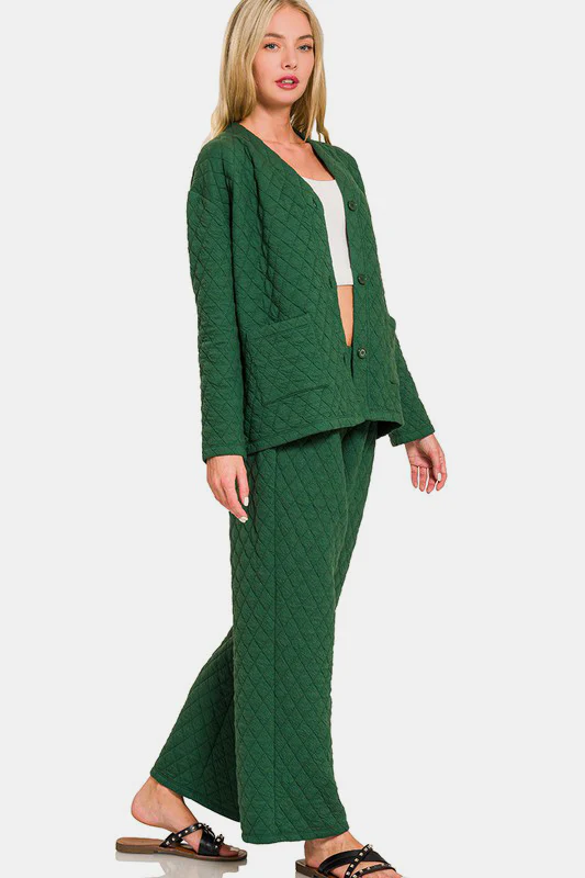 Quilted Button Up Long Sleeve Top and Pants Lounge Set