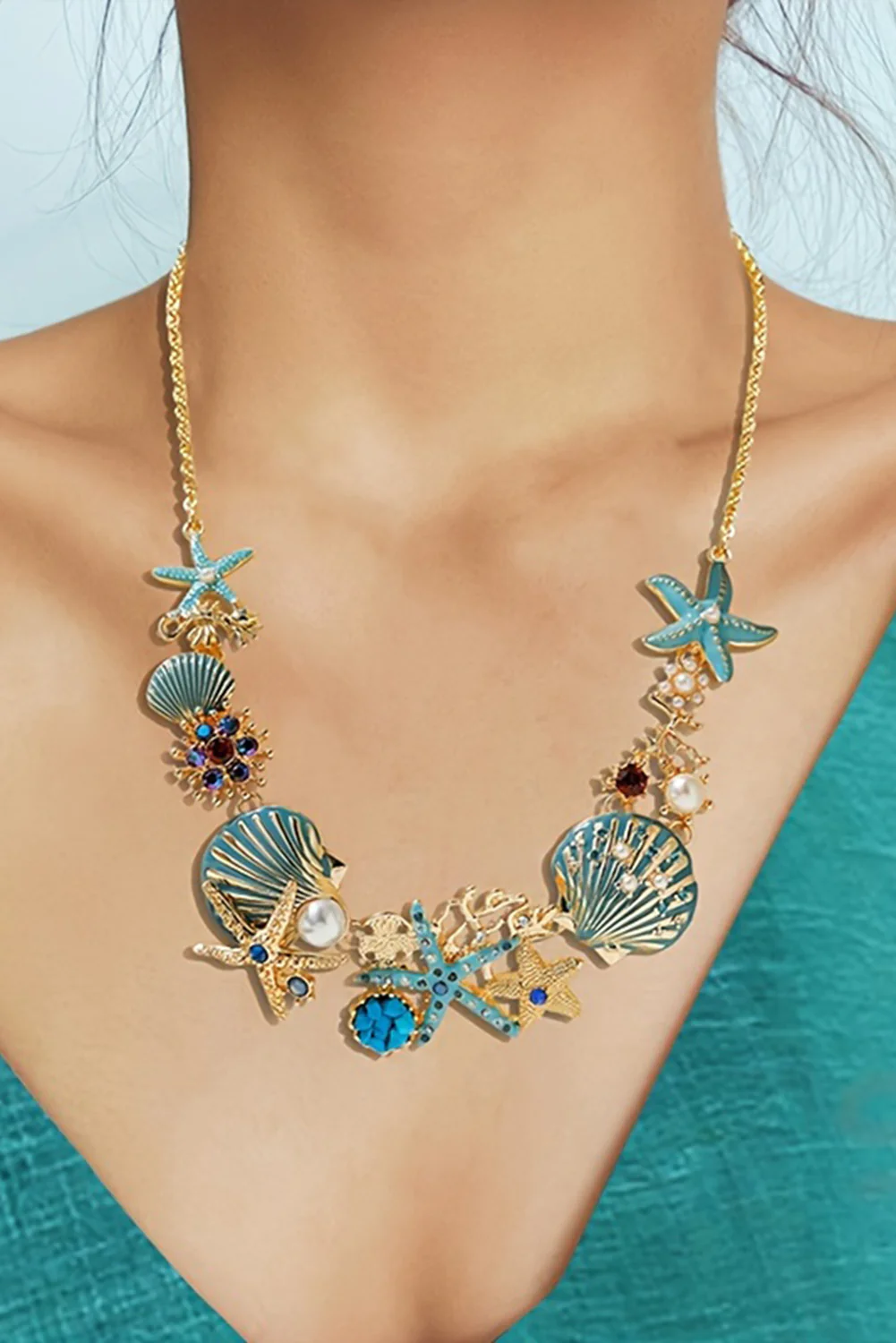 Light Blue Seashell Starfish Pearl Decor Alloy Adjustable Necklace