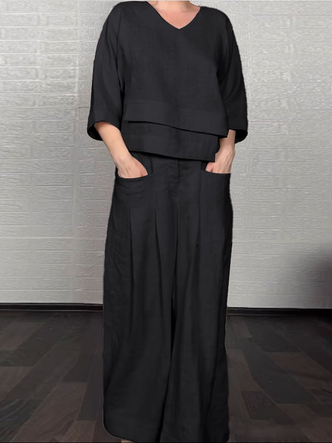 Women'S Casual Solid Color Irregular Cotton And Linen Shirt and Pats Suit