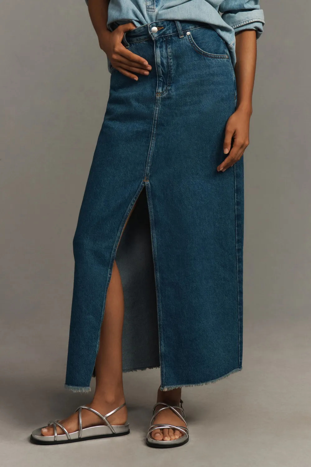 Denim Front-Slit Maxi Skirt