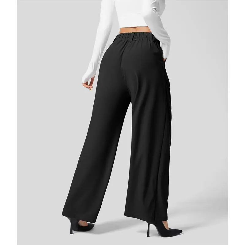 High Waisted Plicated Side Pocket Wide Waffle Work Pants