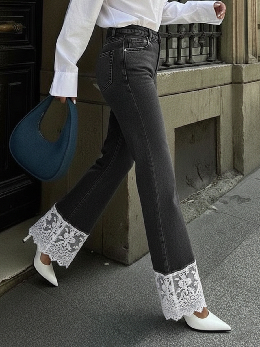 Casual Patchwork Lace Denim Jeans