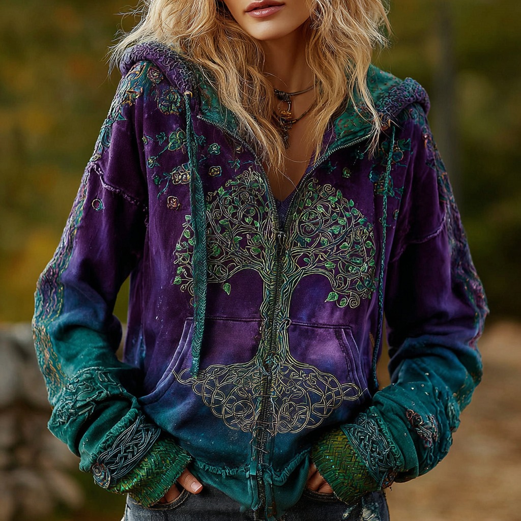 Women's Vintage Viking Tree Of Life Cozy Warm Zip Hoodie Cardigan