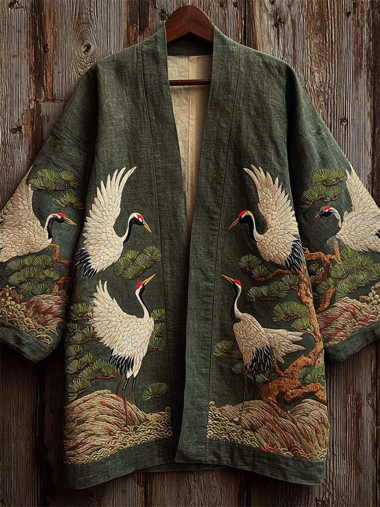 Japanese Cranes & Pine Trees Embroidered Linen Kimono Cardigan