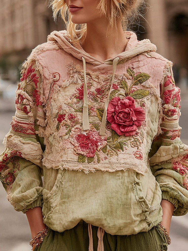 Women's Retro Floral Colorblock Casual Comfort Hooded Sweatshirt