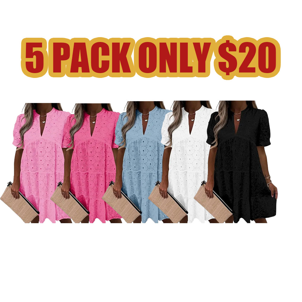 💖Wenrine Women’s Summer Lace Dresses Eyelet Casual Flowy Babydoll Swing Short Sleeve V Neck Tunic Dress