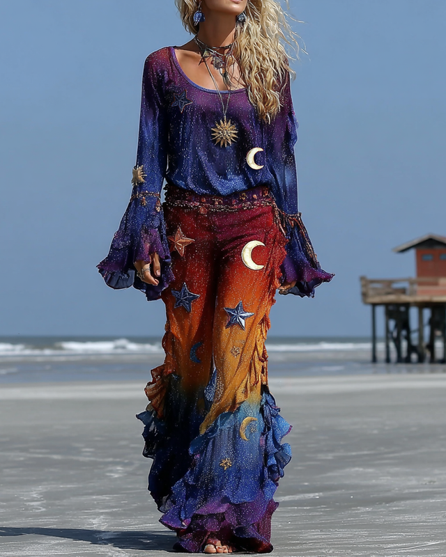 Women's Spring Resort Style Star and Moon Embroidered Top and Pants Two-Piece Set 6794