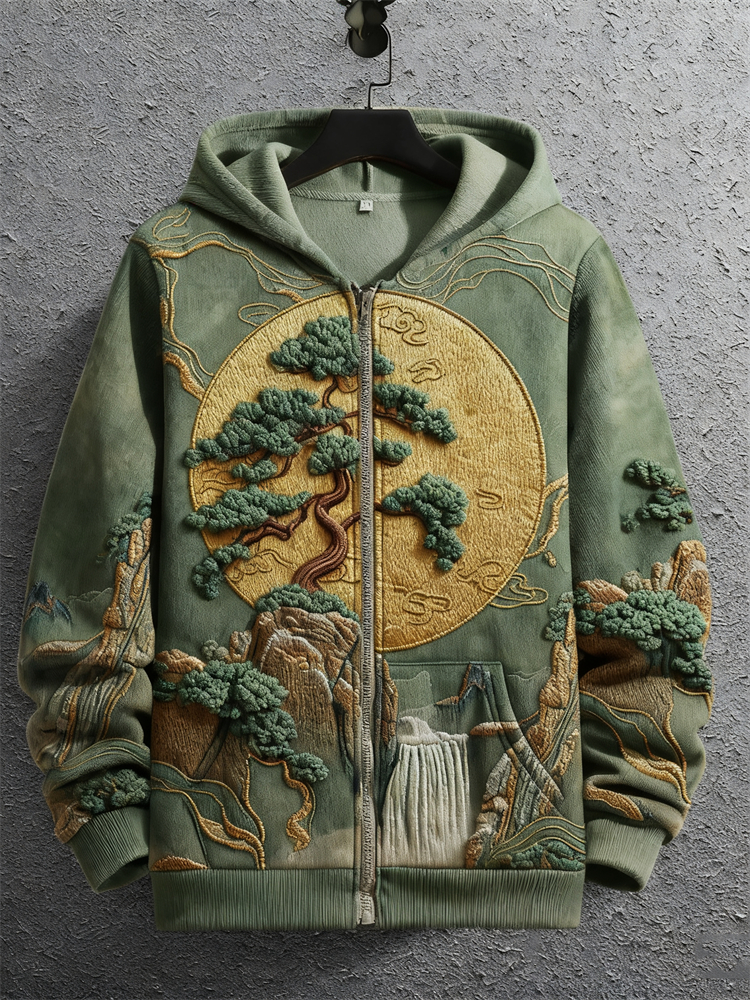 Japanese Pine Tree Waterfall Landscape Embroidered Full Zip Hoodie