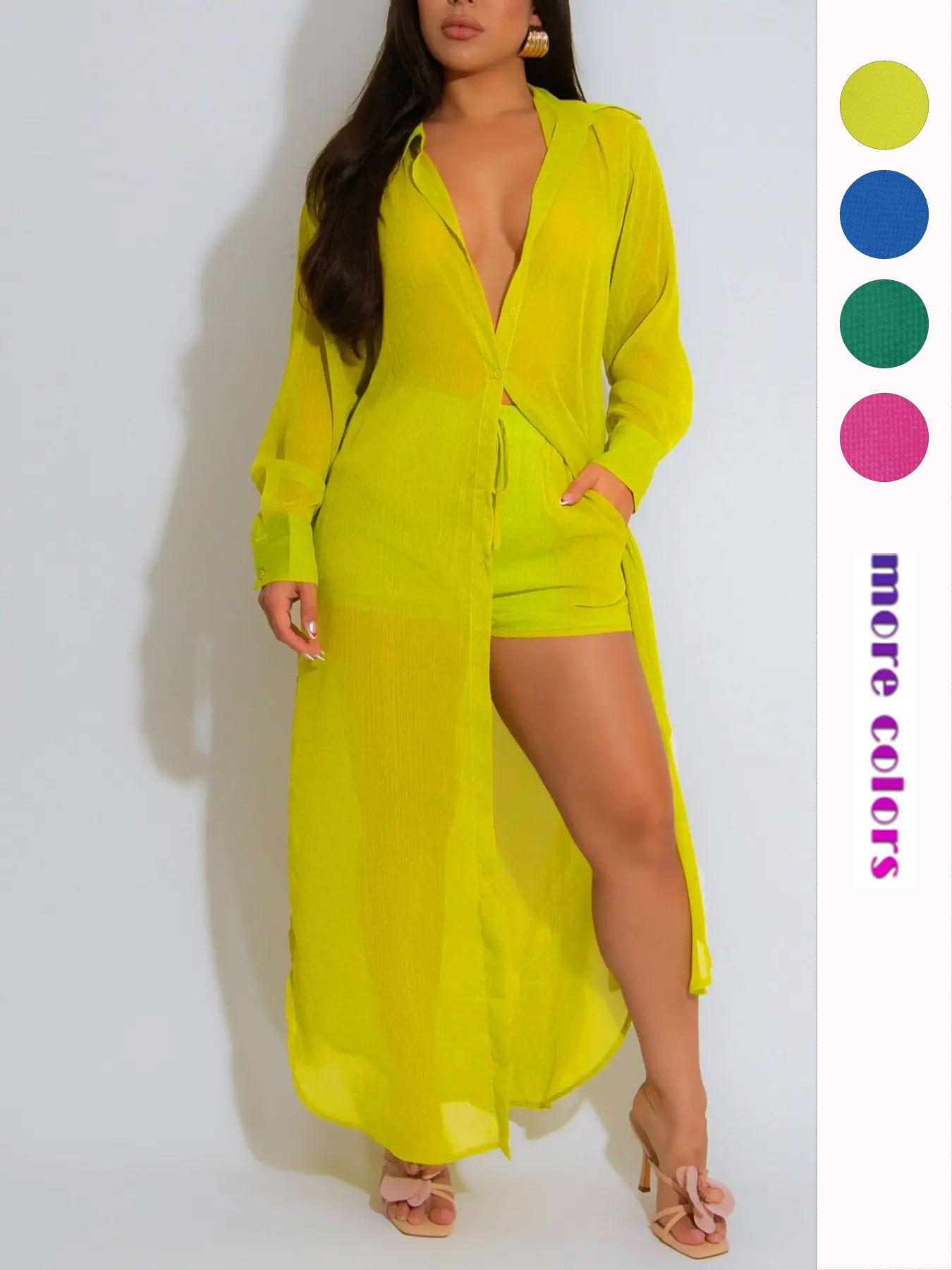 Women’s Solid Button Front Shirt & Shorts Two-Piece Set