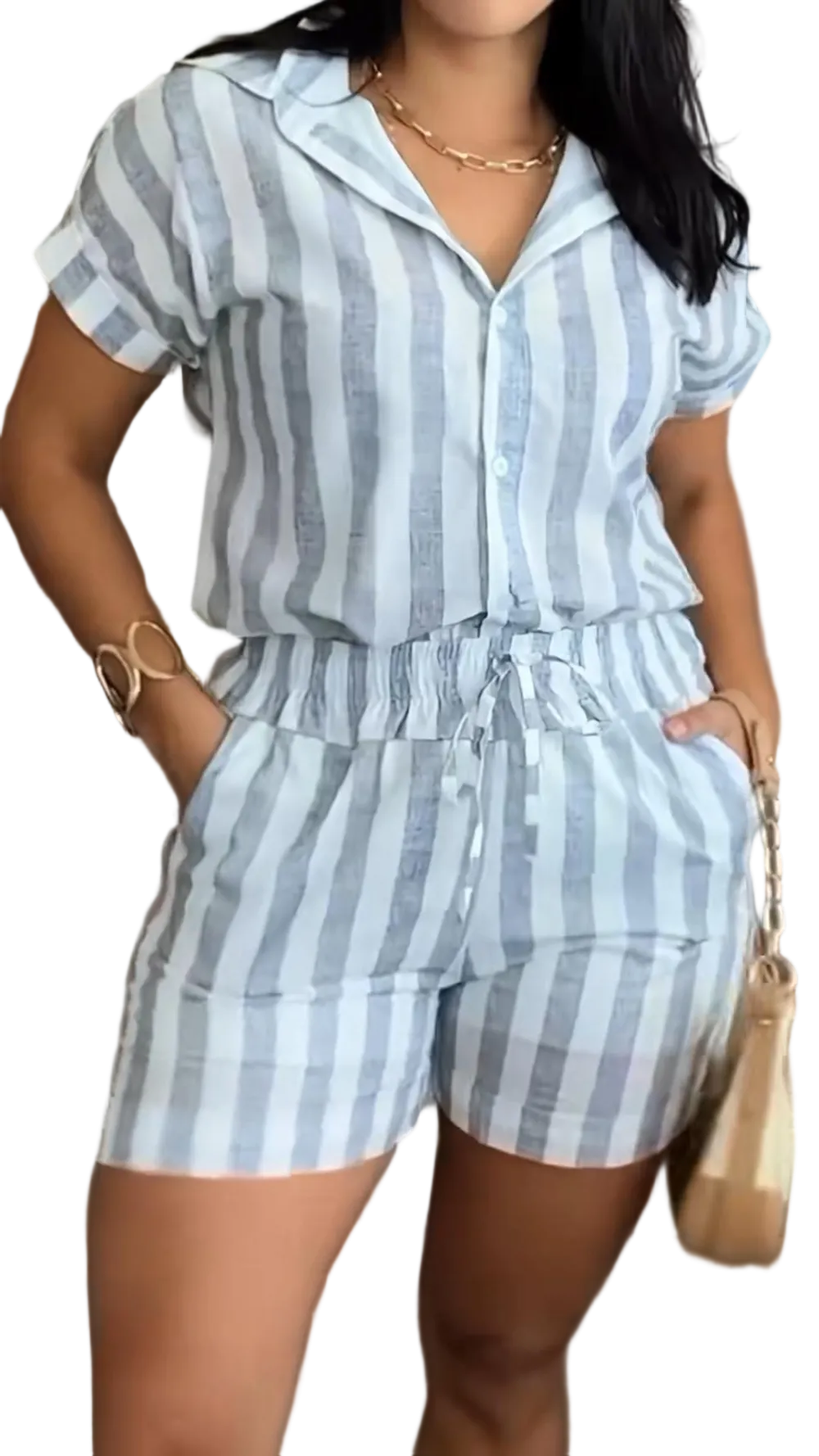 Women's Cotton Linen Striped Short Sleeve & Shorts Casual Set