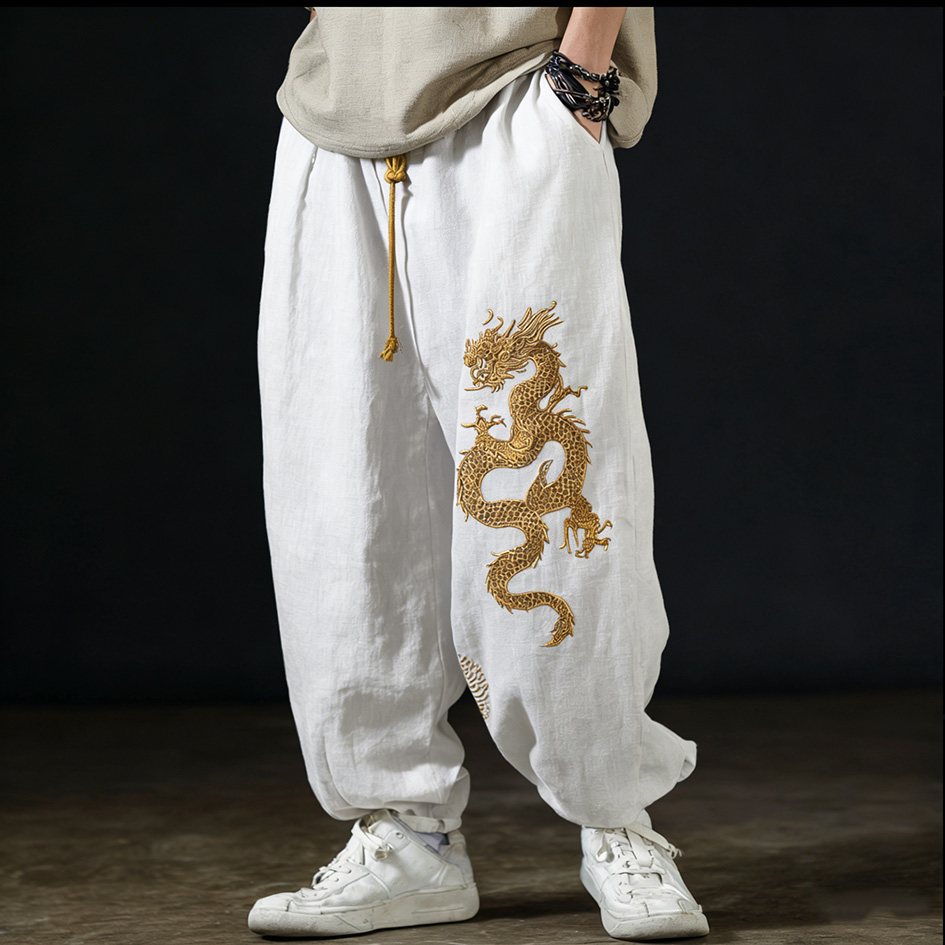 Men's Casual Cotton And Linen Wide-leg Pants With Dragon Patterns And Embroidered Floral Patterns