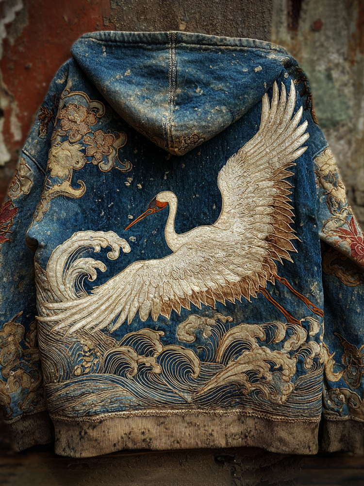 Vintage Japanese Crane Art Men's Hooded Sweatshirt
