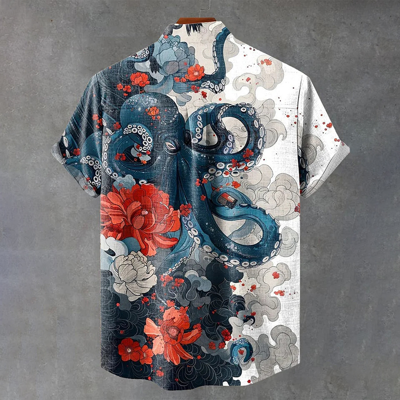 Japanese Style Ocean Octopus Flower Cloud Art Vintage Print Casual Cotton Shirt