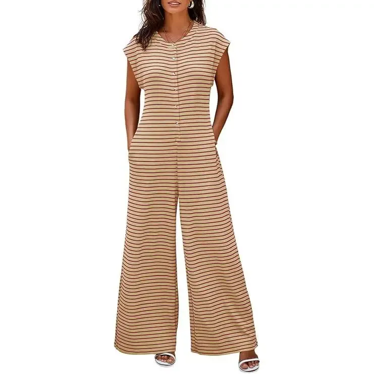 Women’s Casual Striped Wide Leg Jumpsuit – Summer Cap Sleeve Button Down Romper with Pockets
