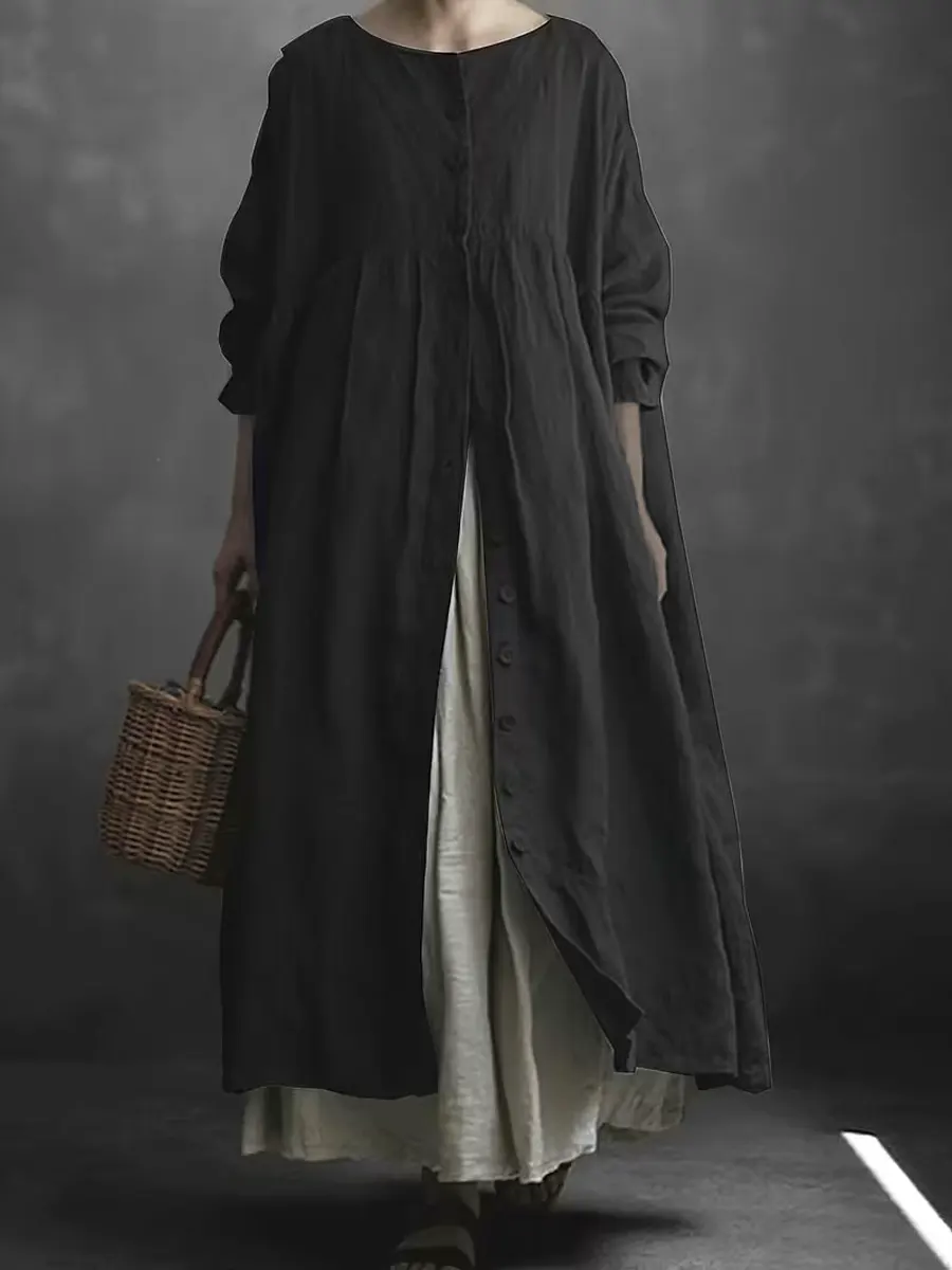 Women's Solid Color Art Casual Long Sleeve Cotton Linen Dress