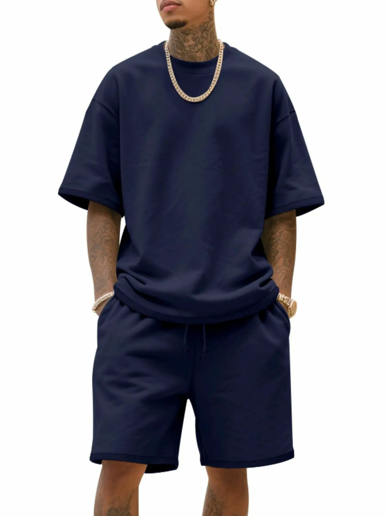 Men's Summer Casual Set, Pure Color Round Neck Short Sleeve Knit Tee & Shorts