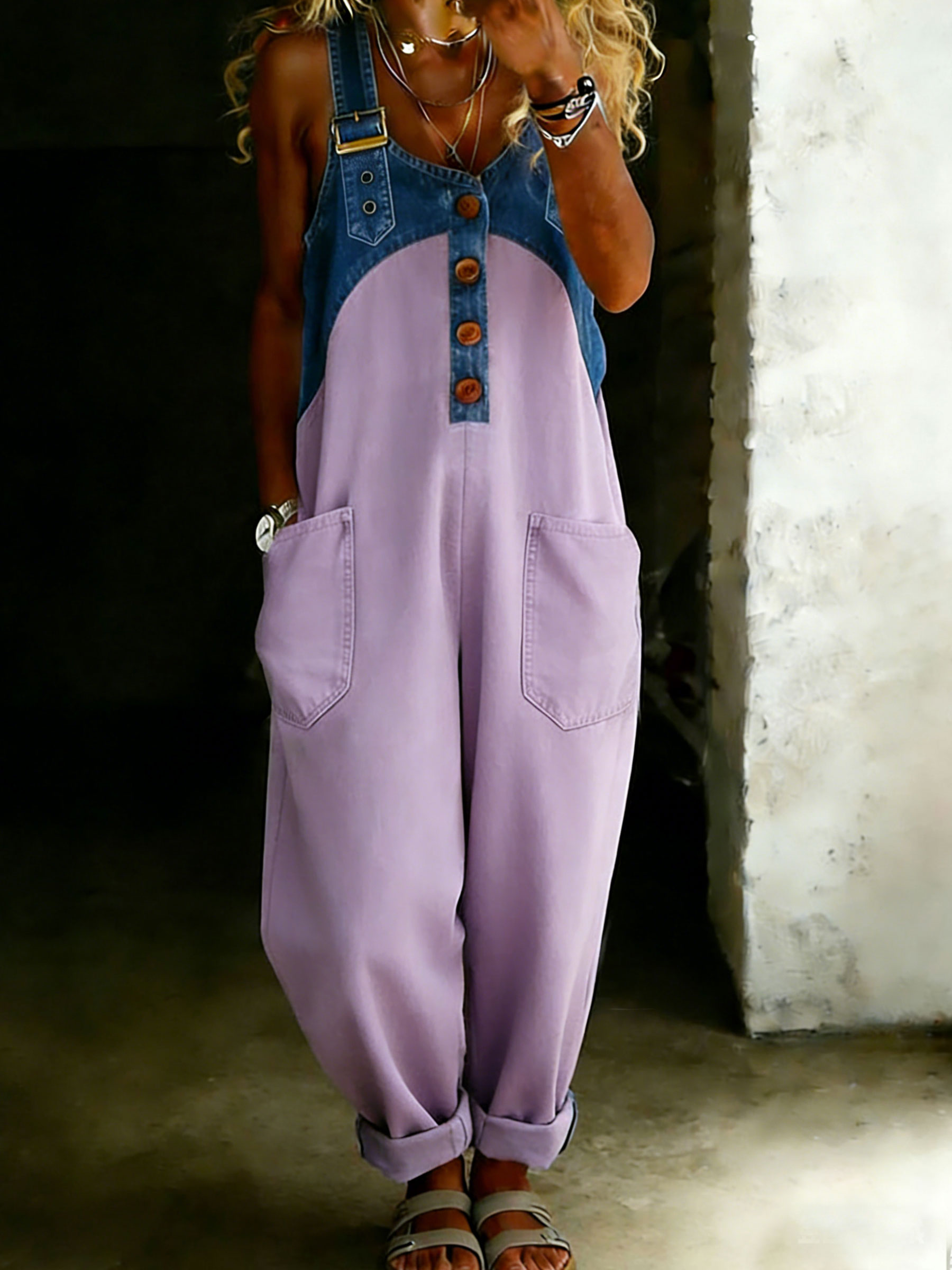 Women’s Casual One Piece Denim Denim Patchwork Jumpsuit