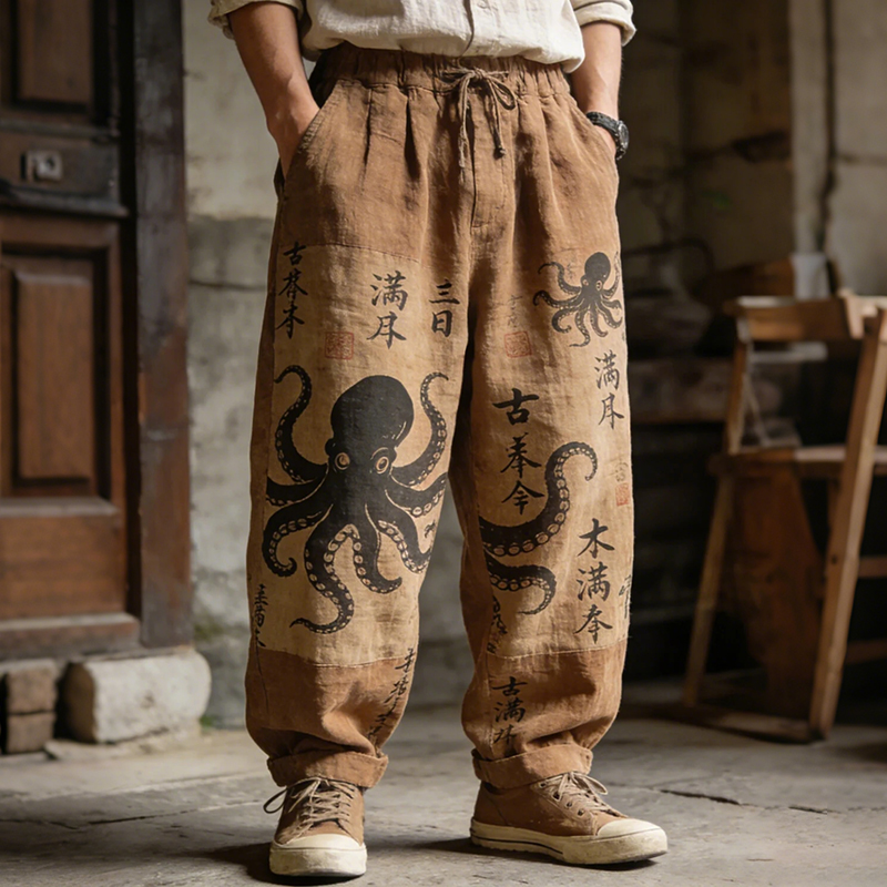 Men's Octopus And Kanji Japanese Art Print Drawstring Waist Casual Pants