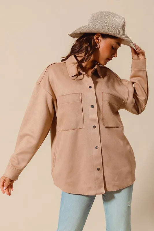 Faux Sued Snap Shacket with Collar and Pockets